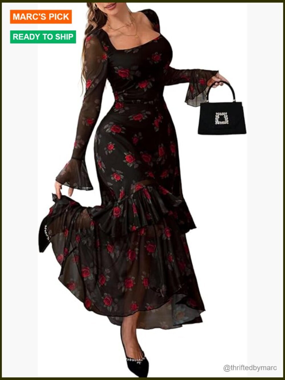 Floral Mesh Maxi Dress Long Sleeve Square Neck Ruffle Hem Wedding Guest